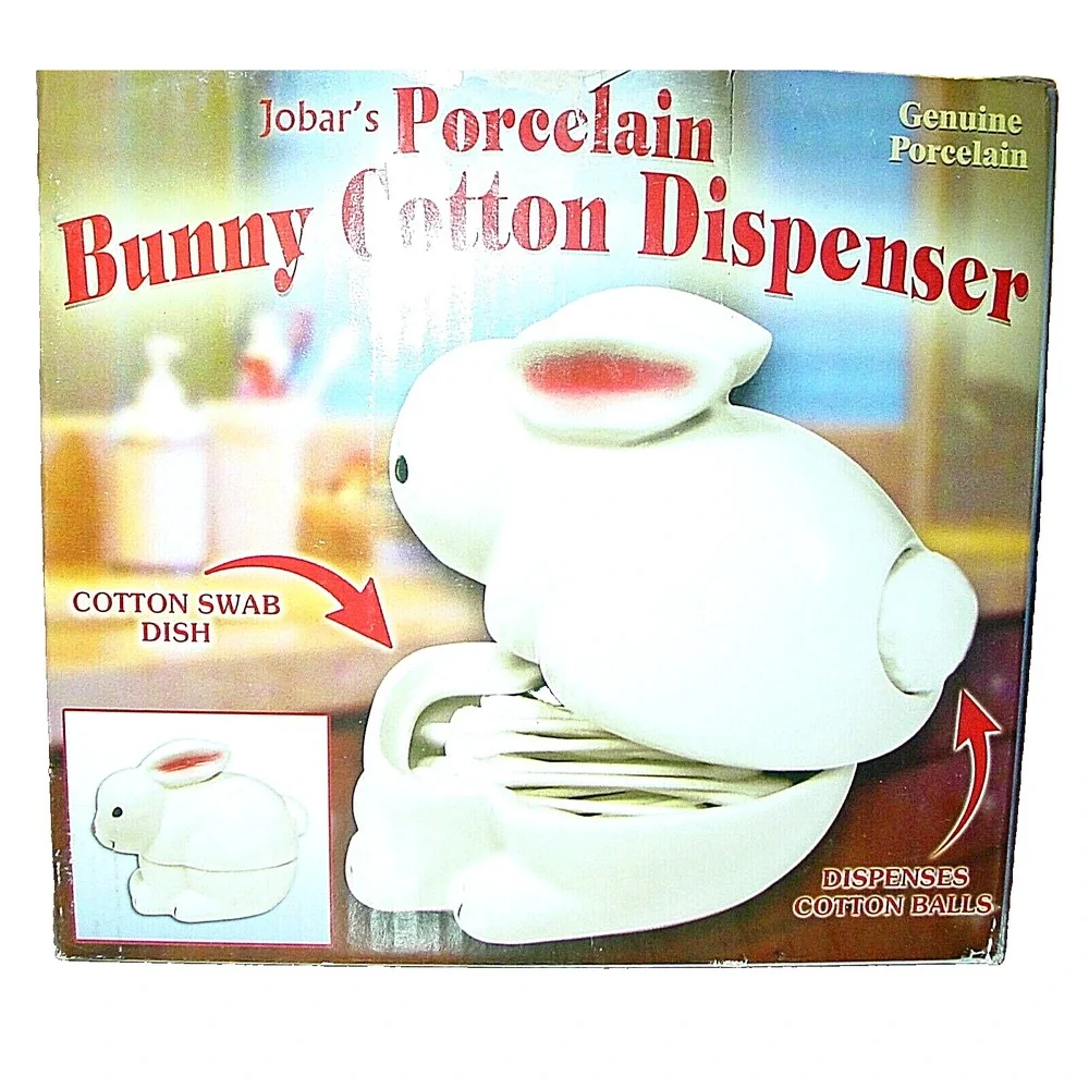 Cotton Ball Dispenser Swab Dish Porcelain White Bunny Genuine Glazed Jobar's